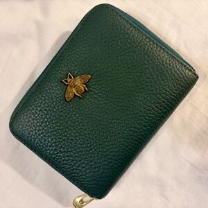 Green Leather Wallet with Gold Bee Accent